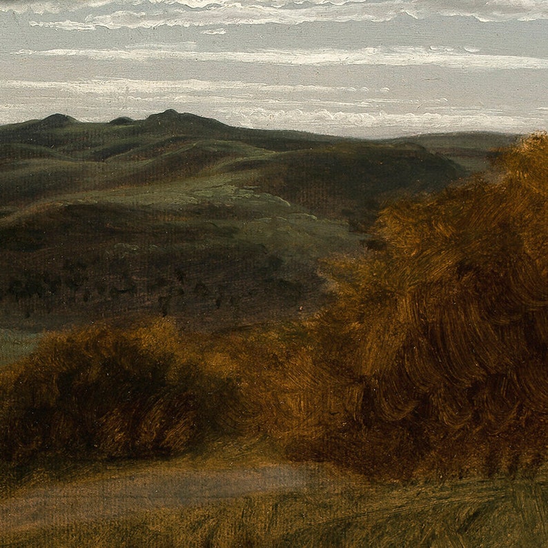 K&ouml;nnte beinhalten: Ein Gem&auml;lde einer Landschaft mit sanften H&uuml;geln und einem bew&ouml;lkten Himmel. Die H&uuml;gel sind mit gr&uuml;nem Gras und B&auml;umen bedeckt, und der Himmel ist hellblau mit wei&szlig;en Wolken. Das Gem&auml;lde ist in einem realistischen Stil gehalten, mit einem Fokus auf die Details der Landschaft.
