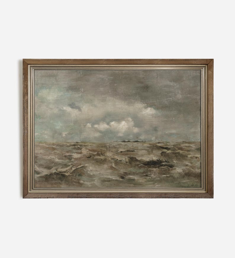 May include: A framed painting depicting a seascape with a stormy sea and a cloudy sky. The painting is done in muted tones of gray, brown, and white.