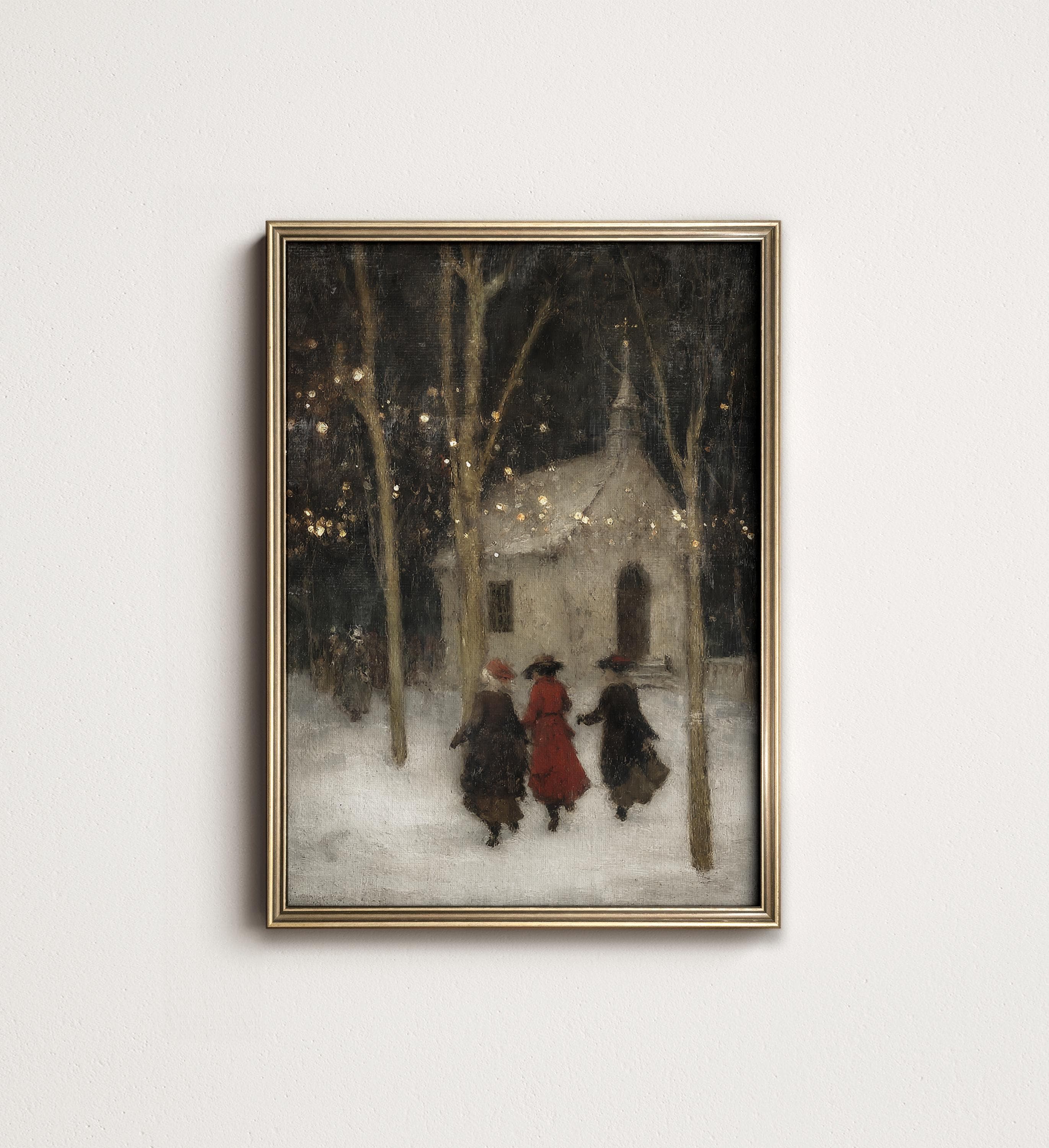 油絵 絵画【クリスマスの教会】 ヴィンテージクリスマスイブ絵画、雪の教会の冬の風景画、デジタル印刷