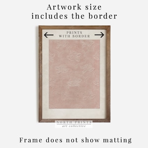 May include: A framed print with a pink and white floral pattern. The artwork size includes the border. The frame does not show matting. The text "PRINTS WITH BORDER" and "NORTH PRINTS art collective" is visible.