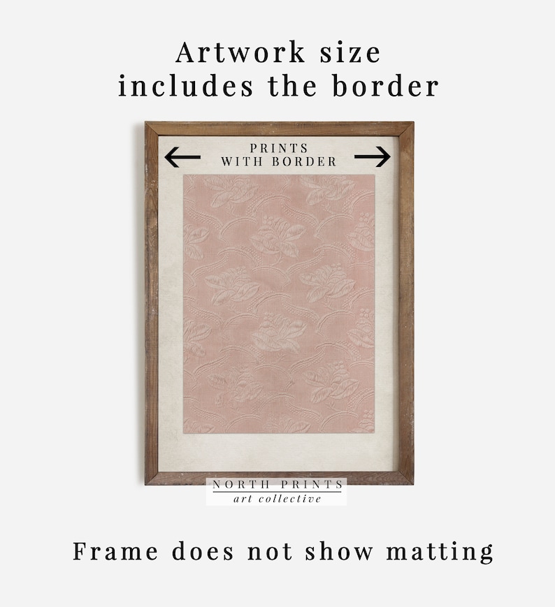 May include: A framed print with a pink and white floral pattern. The artwork size includes the border. The frame does not show matting. The text "PRINTS WITH BORDER" and "NORTH PRINTS art collective" is visible.