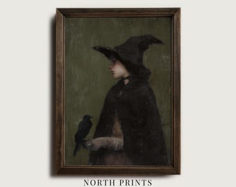 Vintage Witch Portrait, Moody Gothic Halloween Wall Art, Dark Cottagecore Decor, Printable Digital Art Download North Prints A-129