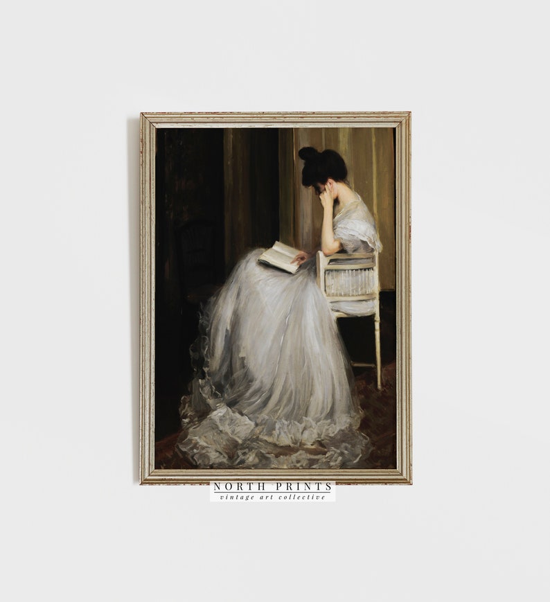 May include: A painting of a woman in a white dress sitting in a chair and reading a book. The woman is wearing a white dress with a lace trim and her hair is pulled back in a bun. The painting is set in a room with a dark background and a light-colored wall.