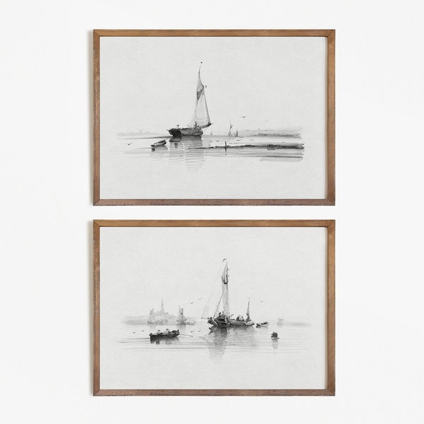 Vintage Sailboat Print SET | Lakehouse Drawings | Minimalist Sketch PRINTABLE #S02-4