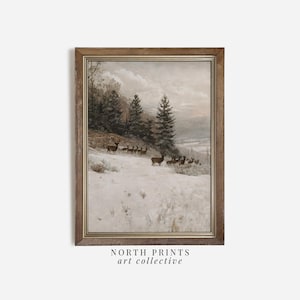 Winter Deer Landscape Painting: Rustic Farmhouse Christmas Decor (Digital Download Printable) W-189
