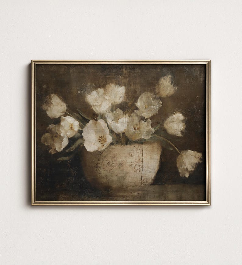 Dark Floral Still Life Painting, Moody Tulip, Rustic Country Decor, PRINTABLE Digital Art Download North Prints 12-176 image 7