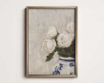 May include: A painting of white flowers in a blue and white vase. The flowers are arranged in a loose, natural style, and the vase is decorated with a floral pattern. The background is a soft, muted gray.