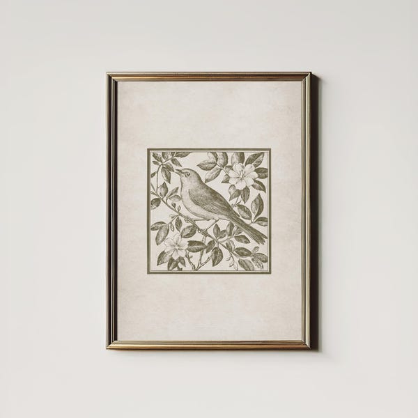 Olive Green Bird Sketch Print: Neutral Farmhouse Decor (Digital Printable Download) 8-57