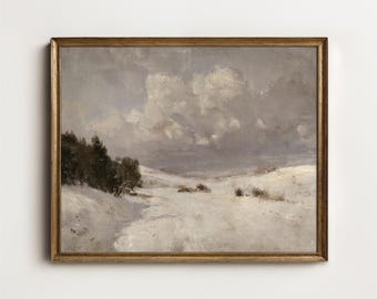 Winter Landscape Print, Snowy Countryside Painting, Neutral Pastoral Wall Art (Digital Download) W2-124