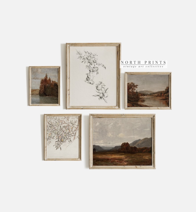 May include: A collection of five framed vintage art prints, including a black and white botanical illustration, a landscape scene with a river and trees, and two other landscape scenes. The frames are all a light wood color.