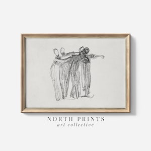 Könnte beinhalten: Eine Schwarzweiß-Bleistiftzeichnung von drei Personen, die zusammen stehen. Die Personen sind in einem einfachen, abstrakten Stil gezeichnet. Das Bild ist in einem hellen Holzrahmen gerahmt. Der Text "NORTH PRINTS art collective" ist unter dem Bild gedruckt.