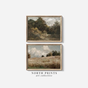 Puede incluir: Dos pinturas de paisajes enmarcadas con una est&eacute;tica r&uacute;stica. La pintura superior representa una escena de bosque con un arroyo que la atraviesa. La pintura inferior muestra un campo de hierba alta con un cielo nublado.