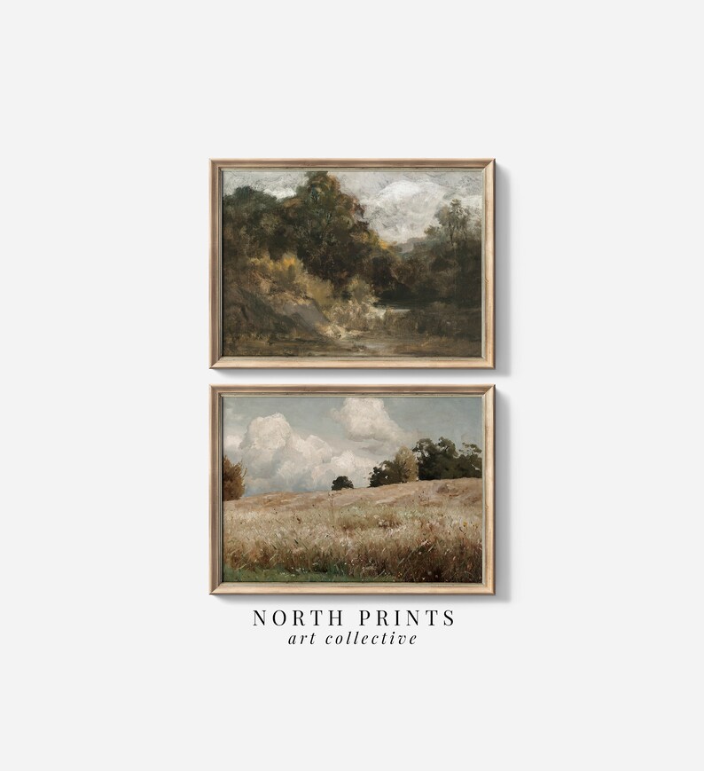 Puede incluir: Dos pinturas de paisajes enmarcadas con una est&eacute;tica r&uacute;stica. La pintura superior representa una escena de bosque con un arroyo que la atraviesa. La pintura inferior muestra un campo de hierba alta con un cielo nublado.