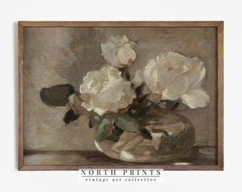 Flower Still Life | Vintage Roses Vase Painting | Neutral Farmhouse Decor DIGITAL PRINTABLE #517