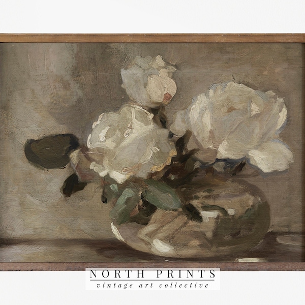 Natureza morta com flores | Pintura em vaso de rosas vintage | Decoração neutra de fazenda | IMPRESSÃO DIGITAL #517