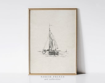 Simple Nautical Sketch Art | Lake House Print Sailboat Nursery Drawing | Neutral Tones PRINTABLE Digital Download North Prints | SK-282