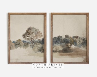 French Countryside Watercolor Print Set: Vintage Neutral Landscape (Printable Digital Download) S2-98