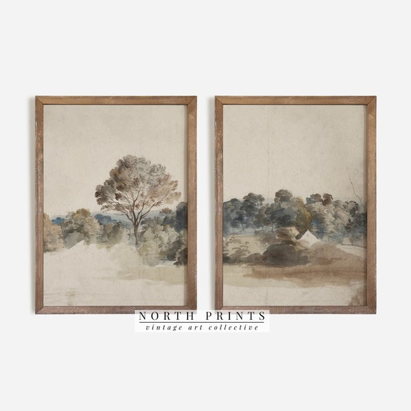 French Countryside Watercolor Print SET of Two | Neutral Living Room Decor | PRINTABLE Downloadable Art Prints | S2-98