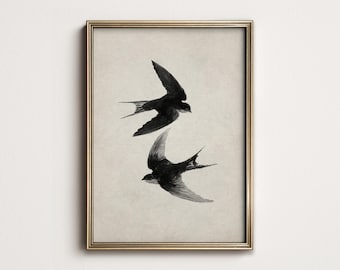 Modern Japandi Printable Art, Flying Birds Black Ink Drawing, Minimal Nature Wall Decor, PRINTABLE Digital Download 10-196