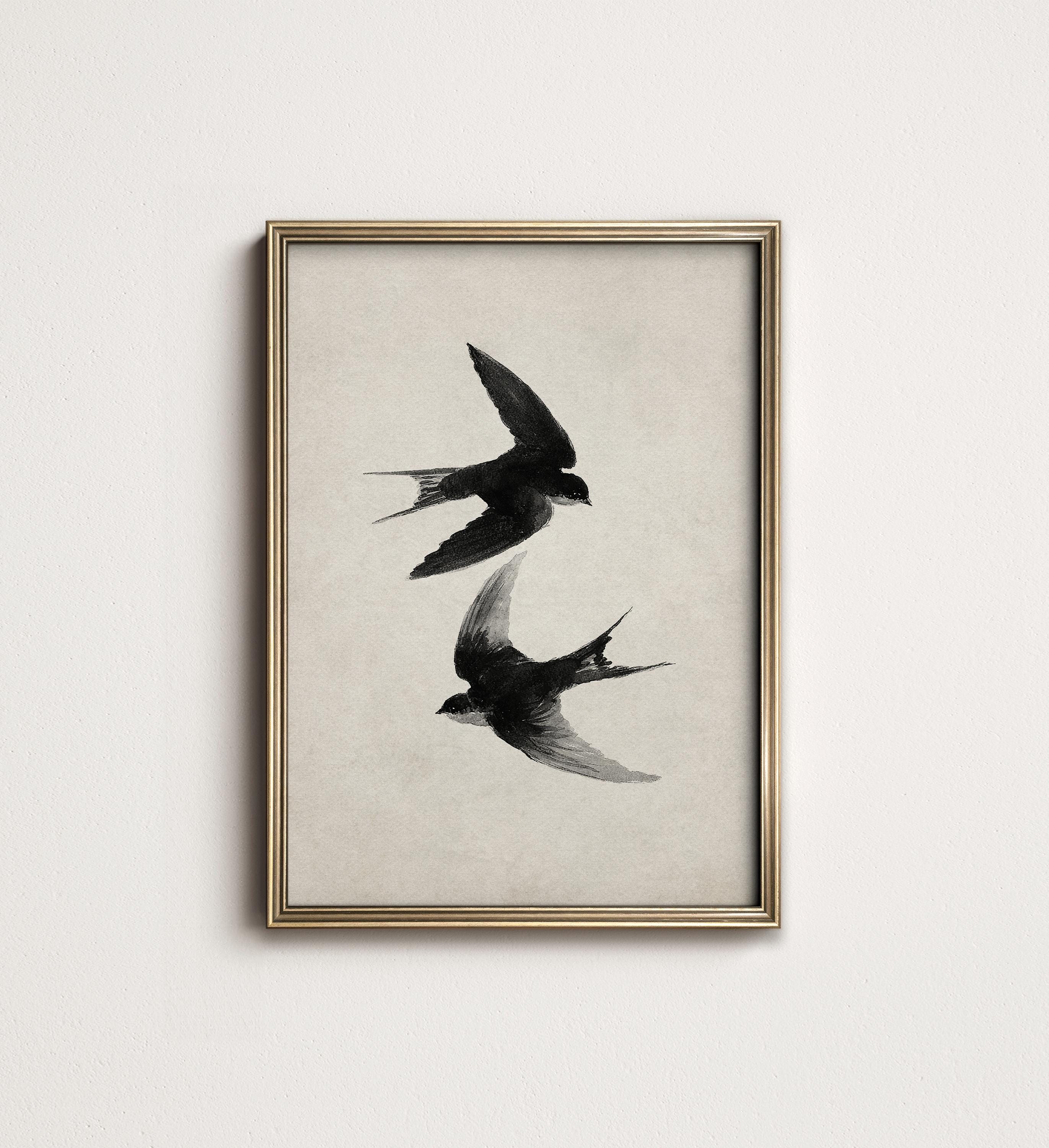 モダンジャパニーズプリントアート、飛ぶ鳥の黒インク画、ミニマルな