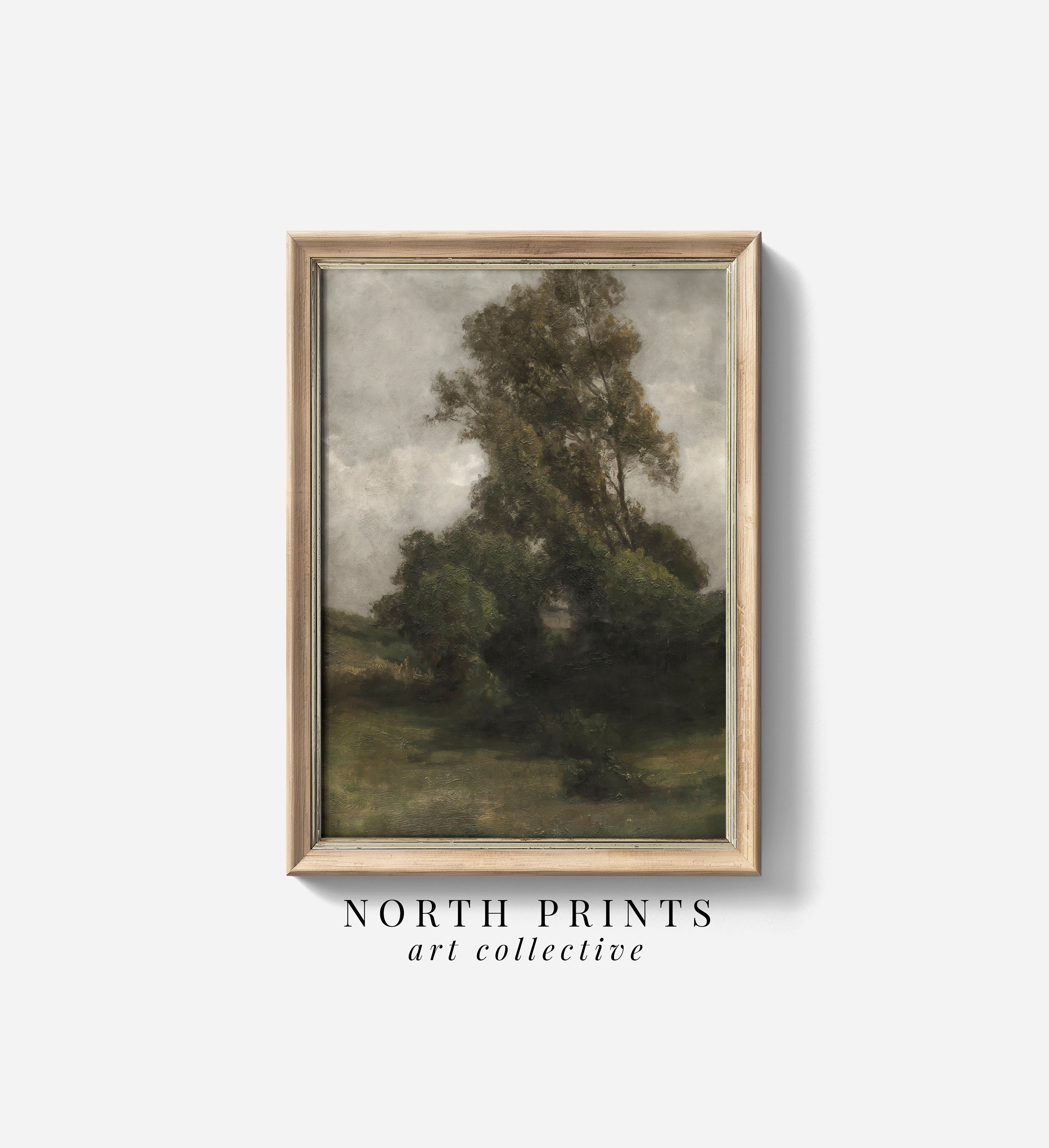 ヴィンテージの田園風景アートプリント：ムーディーなダークグリーン