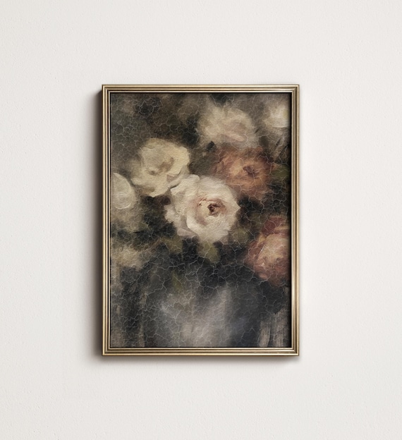 Antique Roses Still Life Painting: Moody Botanical Print (Digital Download Printable) 5-226