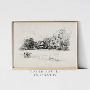 Farmhouse Sketch Art Print: Rustic Country Landscape (Digital Download PRINTABLE) SK-280