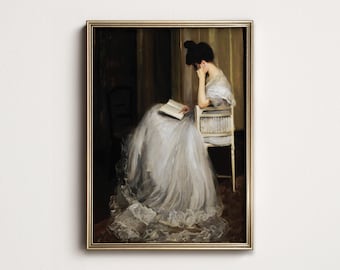 Literary Antique Portrait Woman Reading, Vintage Book Study Print Bedroom Wall Decor Digital PRINTABLE, North Prints 760
