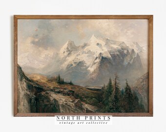 Rustic Winter Mountain Landscape Art Print: Vintage Cabin