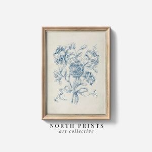 Antique Victorian Blue Rose Bouquet Sketch PRINTABLE, Bedroom Wall Art Print, Digital Download North Prints SK-302