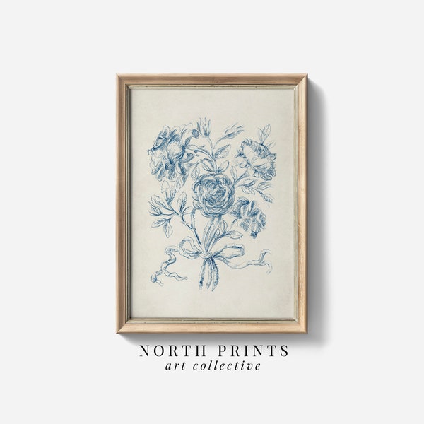 Antique victorien bleu Rose Bouquet croquis imprimable, impression d'art mural chambre à coucher, téléchargement numérique North Prints SK-302