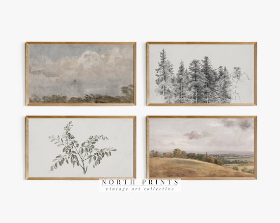 Samsung Frame Tv Art Set Vintage Rustic Landscape Sketch Etsy