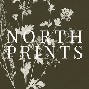 May include: Dark green background with white floral illustrations and the text "NORTH PRINTS" in a serif font. The botanical design features delicate leaves and flower clusters.
