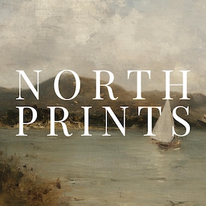 May include: An antique-style landscape painting featuring a sailboat on a lake with mountains in the background. The text "NORTH PRINTS" is overlaid in white. The artwork has a muted color palette of blues, browns, and whites.