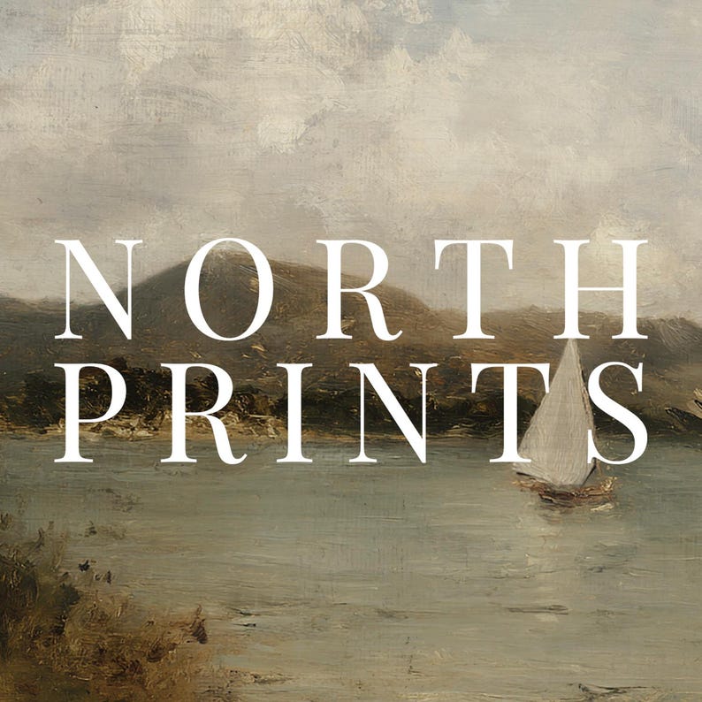 May include: An antique-style landscape painting featuring a sailboat on a lake with mountains in the background. The text "NORTH PRINTS" is overlaid in white. The artwork has a muted color palette of blues, browns, and whites.