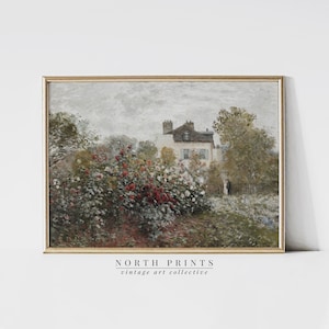 Puede incluir: Una pintura vintage de una casa con un jard&iacute;n en primer plano. La casa es blanca con un techo marr&oacute;n y hay &aacute;rboles y arbustos en el jard&iacute;n. La pintura est&aacute; en un marco dorado y tiene un aspecto vintage descolorido.