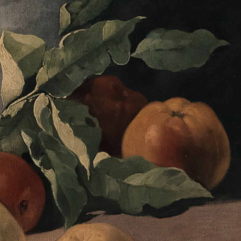 May include: A still life painting of fruit, featuring apples and leaves. The apples are a mix of red and yellow, and the leaves are a deep green. The painting is done in a realistic style, with a focus on the textures and colors of the fruit.