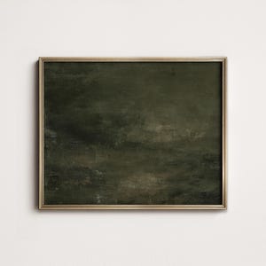 May include: An abstract painting in a gold frame. The artwork features a dark green and brown color palette with visible brushstrokes, creating a textured appearance. The painting's style is reminiscent of classic landscape art.