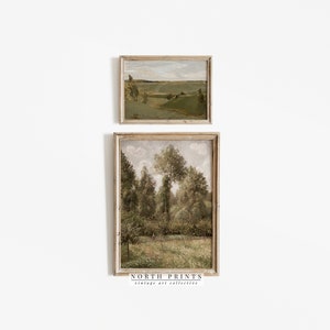 Op de afbeelding: Twee ingelijste landschapschilderijen in gedempte kleuren. Het bovenste schilderij toont een glooiend groen veld met een paar bomen. Het onderste schilderij toont een boslandschap met een pad dat door de bomen loopt.