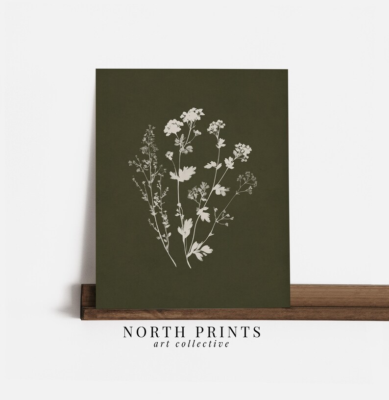 May include: A botanical print featuring a cluster of white wildflowers on a dark green background. The print is displayed on a wooden shelf. The text "NORTH PRINTS art collective" is printed at the bottom.
