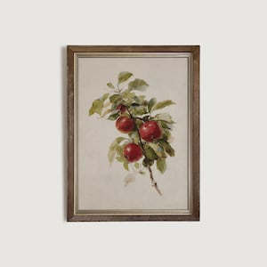 Peut inclure: Peinture &agrave; l'aquarelle encadr&eacute;e d'une branche avec des pommes rouges et des feuilles vertes. L'&oelig;uvre a une esth&eacute;tique vintage, avec un fond neutre et un cadre en bois marron. Les pommes sont d'un rouge vif.