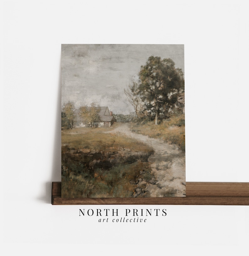 May include: A painting of a small house with a path leading to it. The house is surrounded by trees and bushes, and the sky is a light gray. The painting is done in a muted palette of browns, greens, and grays.