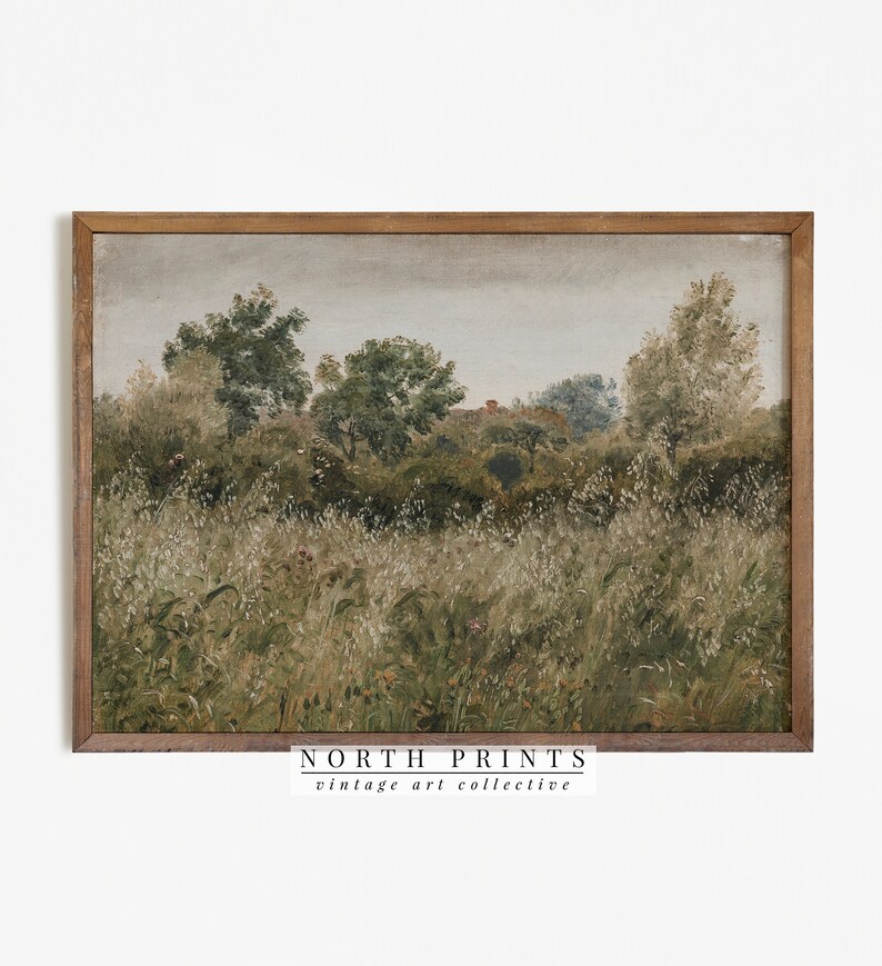 Puede incluir: Una pintura enmarcada de un paisaje con un campo de hierba alta y &aacute;rboles en el fondo. La pintura est&aacute; en un marco de madera y tiene una paleta de colores apagados.