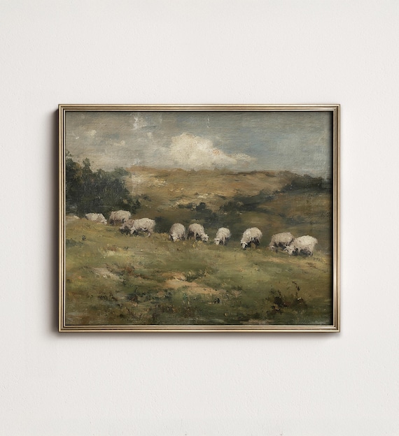 Vintage Sheep Pastoral Landscape Painting, Nursery Wall Art, Rustic Farmhouse Decor, PRINTABLE Digital Download North Prints 10-180