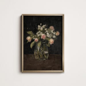 May include: A painting of a bouquet of pink and white flowers in a clear glass vase on a dark brown table. The flowers are arranged in a loose, natural style, and the vase is simple and elegant.