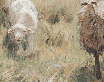 アンティーク羊の絵画：ヴィンテージ農家の風景画（デジタル印刷可能
