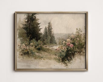 Rustieke zomerbos aquarelprint: humeurig boslandschap (digitale download AFDRUKBARE) 10-14