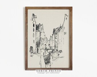 Vintage Amsterdam Cityscape Sketch Art | Antique Neutral Drawing PRINTABLE #542