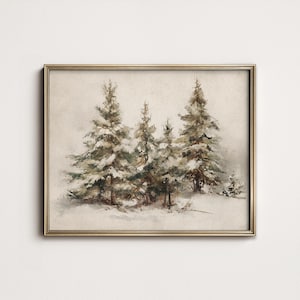 Può includere: Un dipinto ad acquerello incorniciato raffigura una scena invernale con diversi alberi sempreverdi coperti di neve. L'opera presenta una tavolozza di colori tenui di verdi, marroni e bianchi, su uno sfondo morbido e neutro. La cornice è dorata.