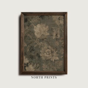 May include: A framed print featuring a floral pattern in muted tones of beige, brown, and green. The artwork has a vintage aesthetic, with a dark wooden frame. The text "NORTH PRINTS" is at the bottom.
